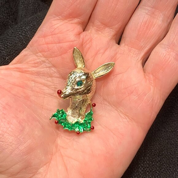 Rudolph Red Nosed Reindeer Vtg Christmas Brooch Pin by Gerry's J175 - Picture 2 of 4